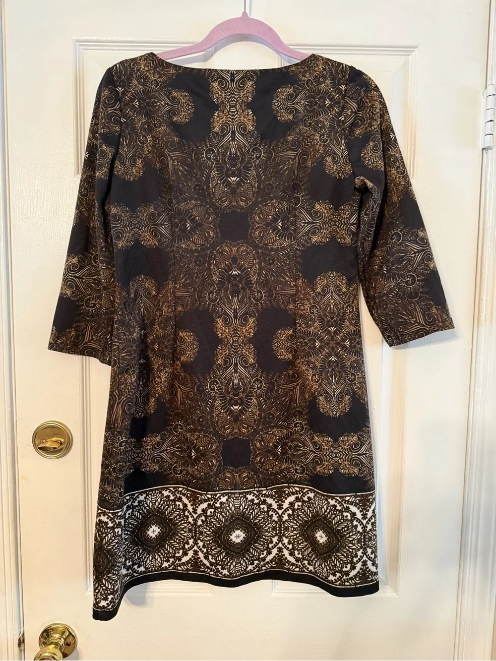 London Times Black and White Paisley Border Long Sleeve Dress